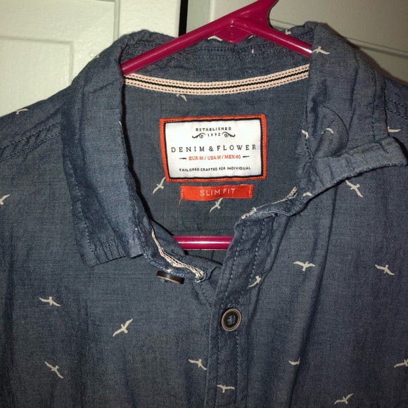 Denim/Flower Med Blue-Gray Short Sleeve Button Up - Picture 2 of 5